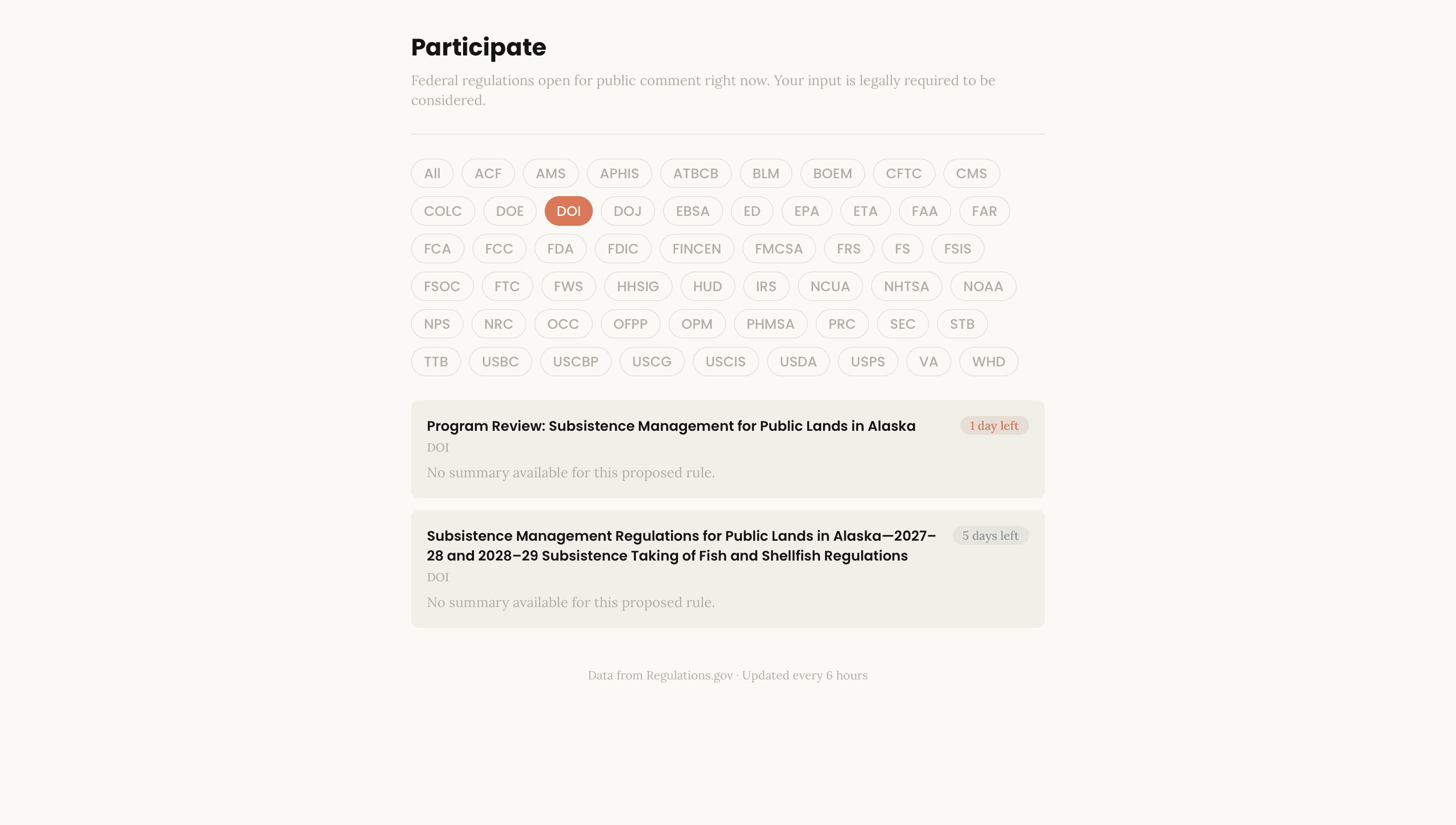 Civly app showing open federal comment periods